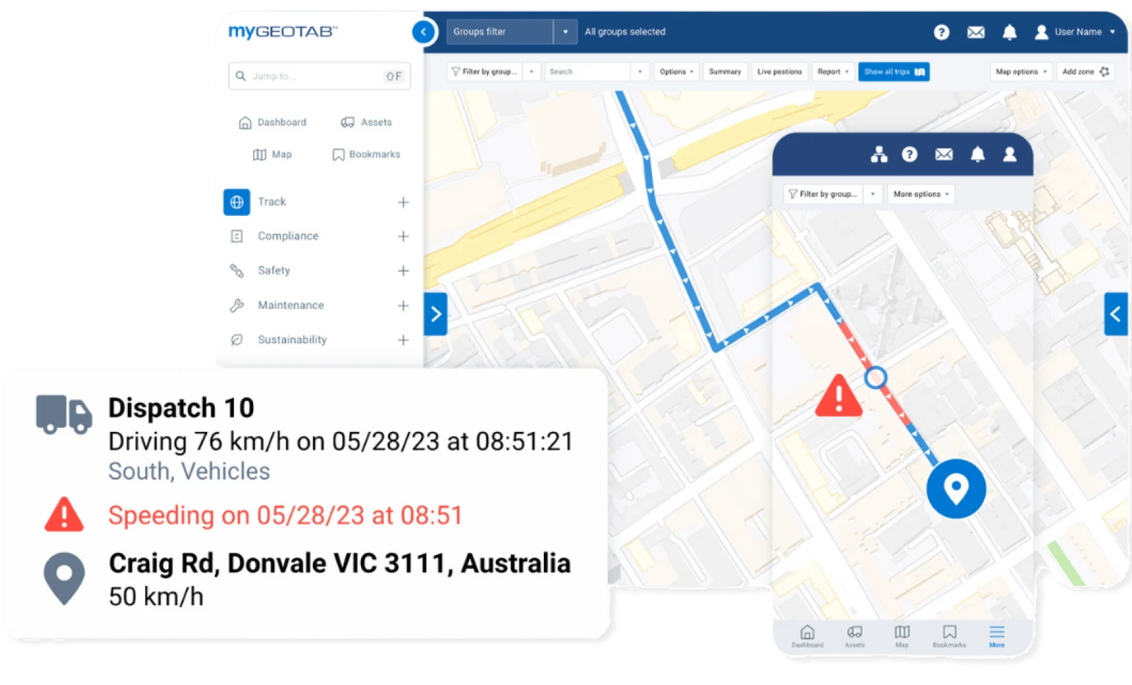 A GIF showing live tracking of 'Dispatch 10' driving at 76 km/h, with a speeding alert on Craig Rd, Donvale VIC, via Geotab's platform.